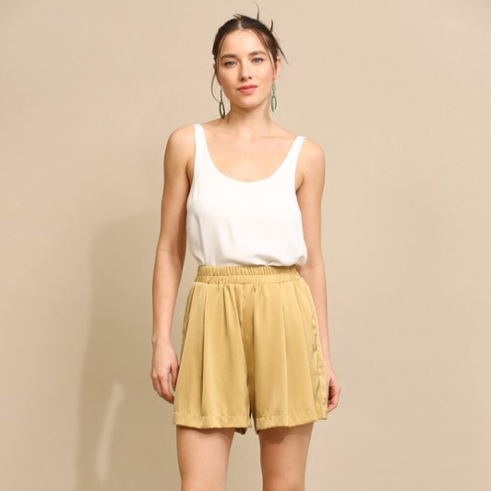 Golden Pleated Wide Leg Satin Shorts